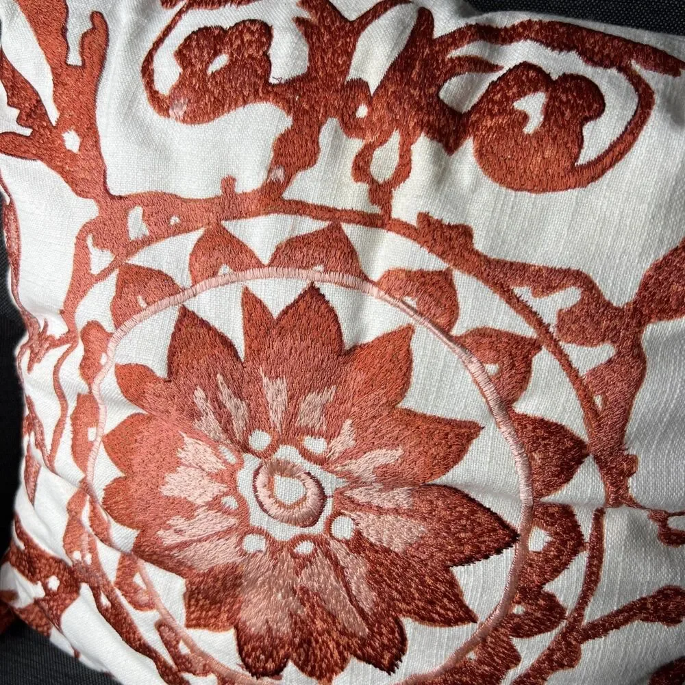 Boho Embroidered Floral Medallion Accent Pillow Rust White 20